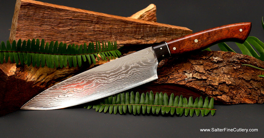 210mm chef knife Camelback design R2 stainless steel with curly koa wood handle by SalterFineCutlery