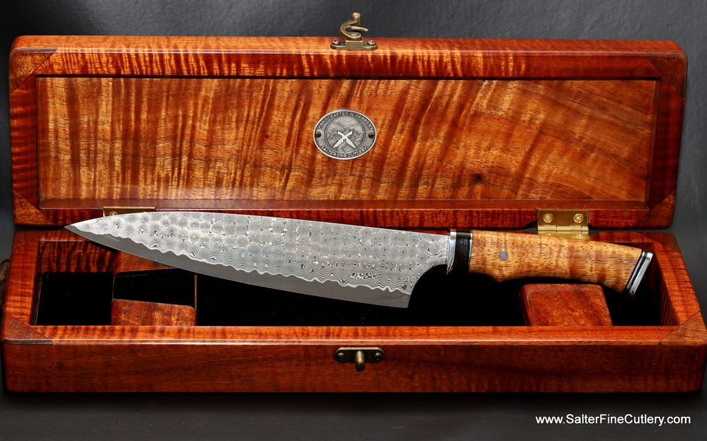 Presentation box open with single chef knife handcrafted in Hawaii by SalterFineCutlery