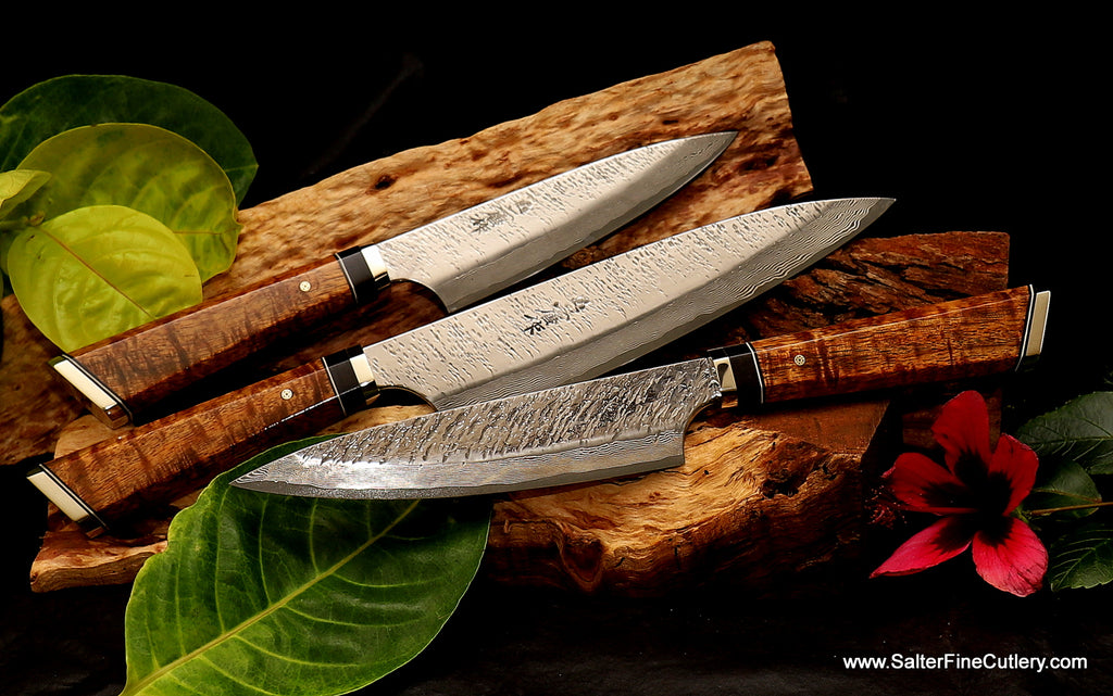3-piece chef knife set with artist-series handles including wide metal fittings and other decorative accents by SalterFineCutlery