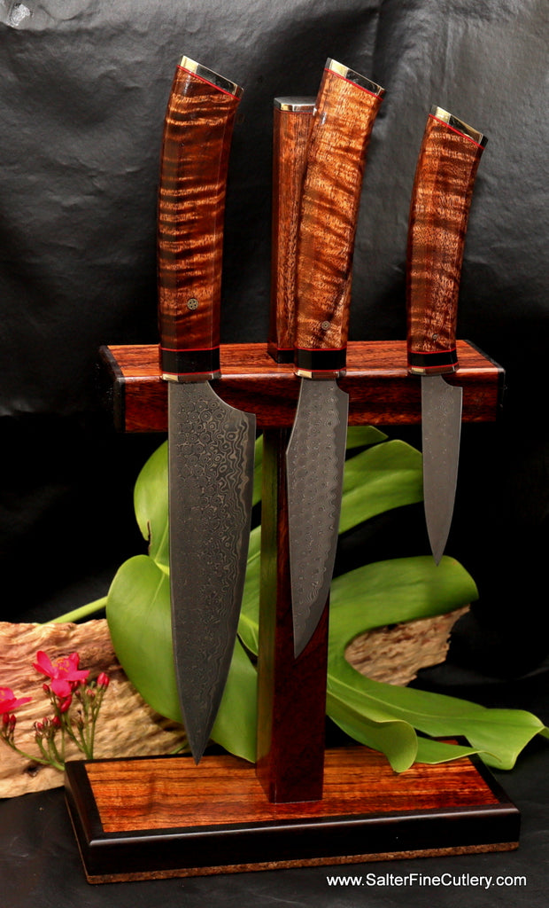 SalterFineCutlery magnetic or drop-in style knife stand with integrated sharpening rod exclusive design handcrafted by SalterFineCutlery