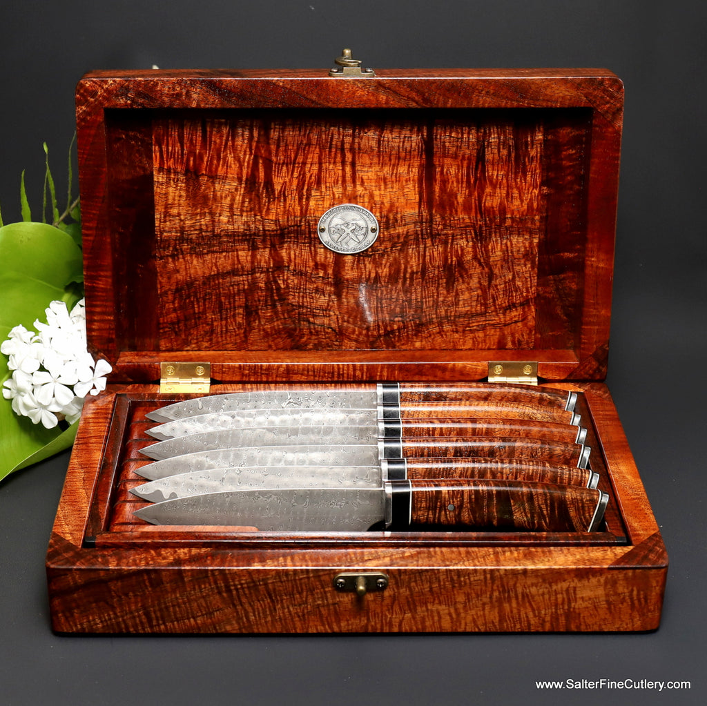 Presentation box open with 6-piece steak knife set by SalterFineCutlery
