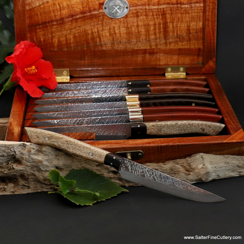 Unique and exotic luxury tableware set handforged steak knives in presentation box by SalterFineCutlery