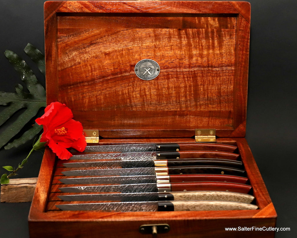 8-piece steak knife set variety pack handles in exotic rare Hawaiian curly koa wood presentation box luxury tableware by SalterFineCutlery Hawaii