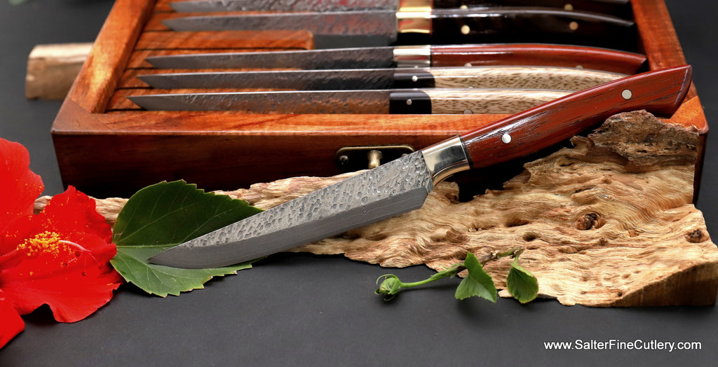 Handforged R2 stainless steel steak knife sets in boxes bespoke luxury tableware by SalterFineCutlery 