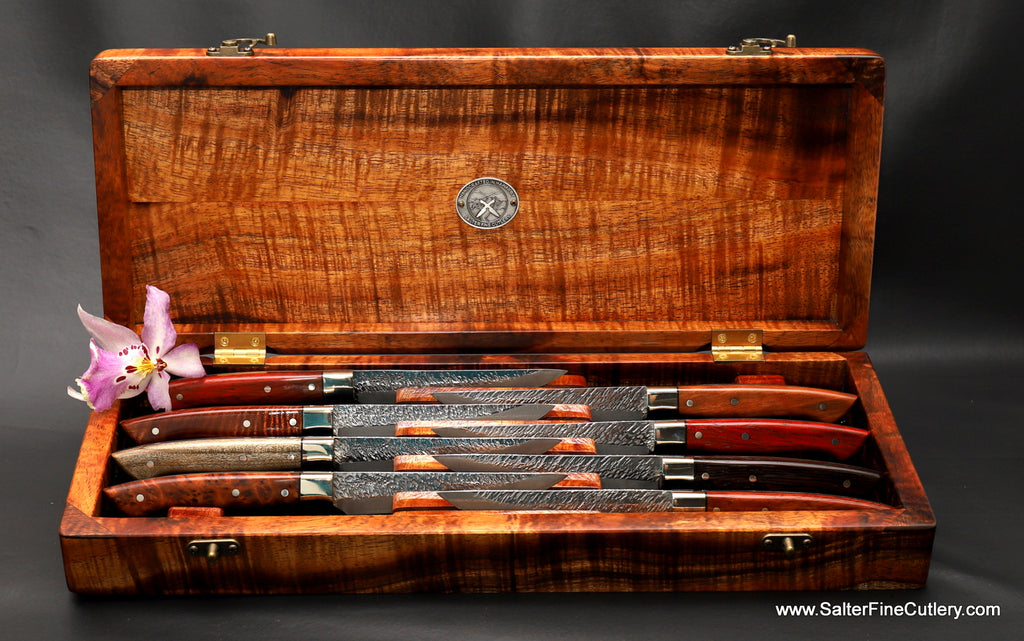 Presentation box curly koa wood for steak knife set staggered display handcrafted by SalterFineCutlery Hawaii