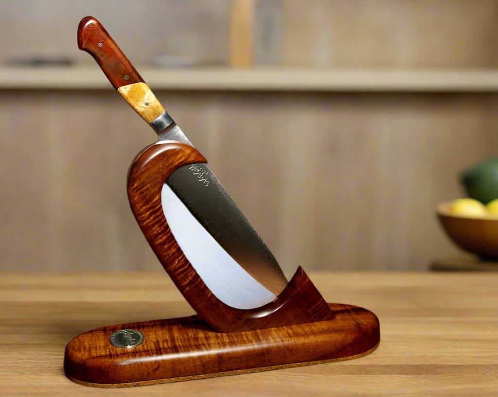 Custom stand and chef knife by SalterFineCutlery using Hawaiian exotic woods
