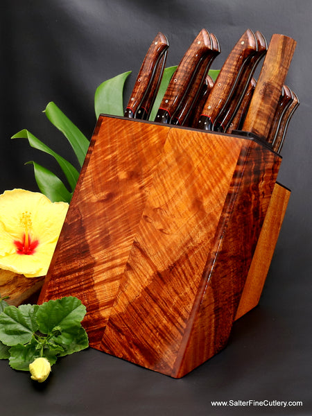 Beautiful modern styling distinctive handcrafted 19-pc chef knife set and block storage system for luxury kitchens from SalterFineCutlery Hawaii