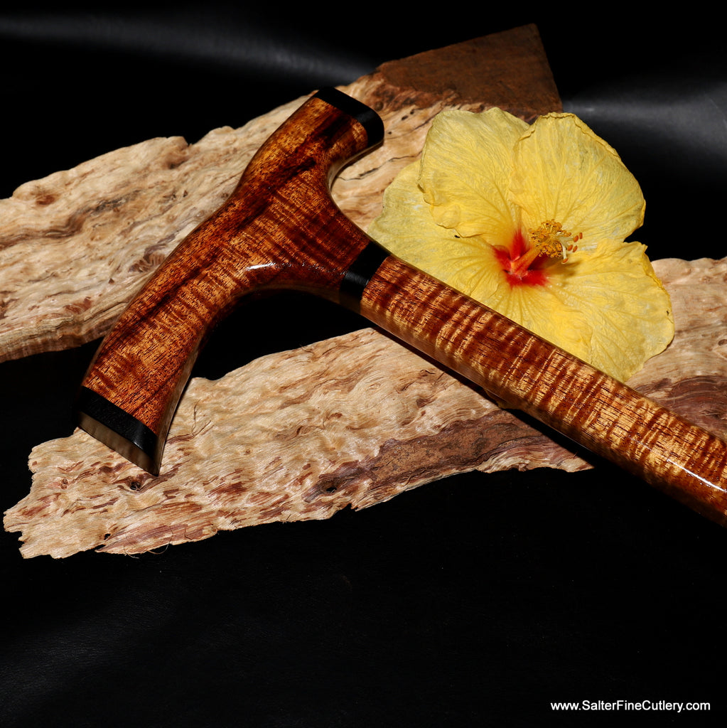 Handle and top of shaft detail Hawaiian super curly koa wood cane with blackwood accents by SalterFineCutlery