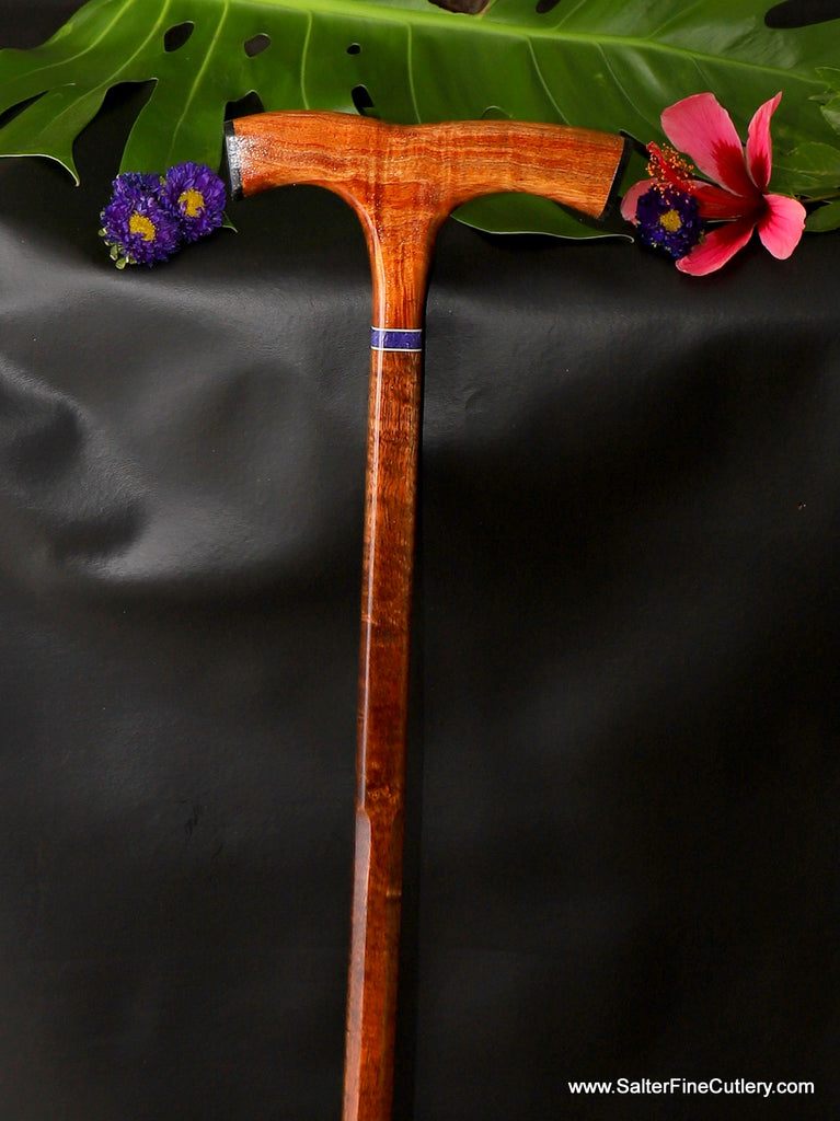 Handmade ladies custom cane with faux stone accent on curly Hawaiian koa wood by SalterFineCutlery