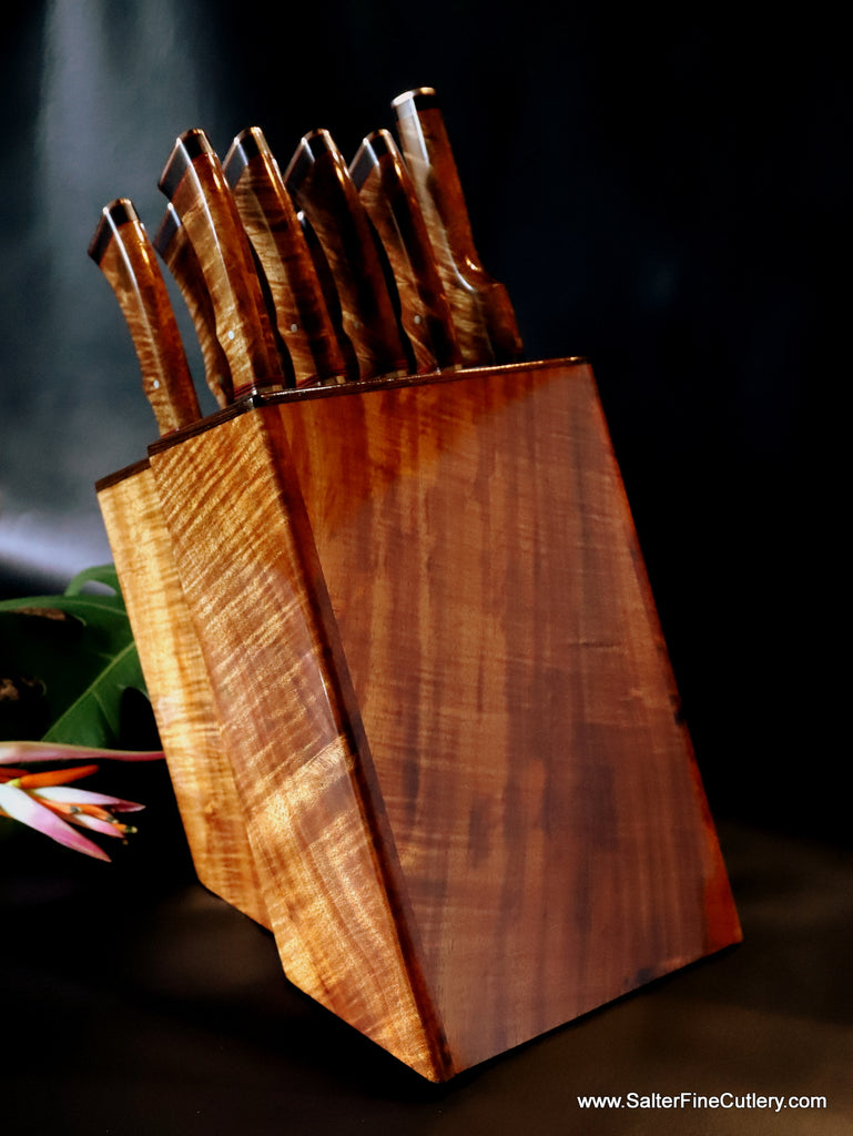 Chef knife set 9-piece in knife block custom made for Tommy Mottola by SalterFineCutlery of Hawaii
