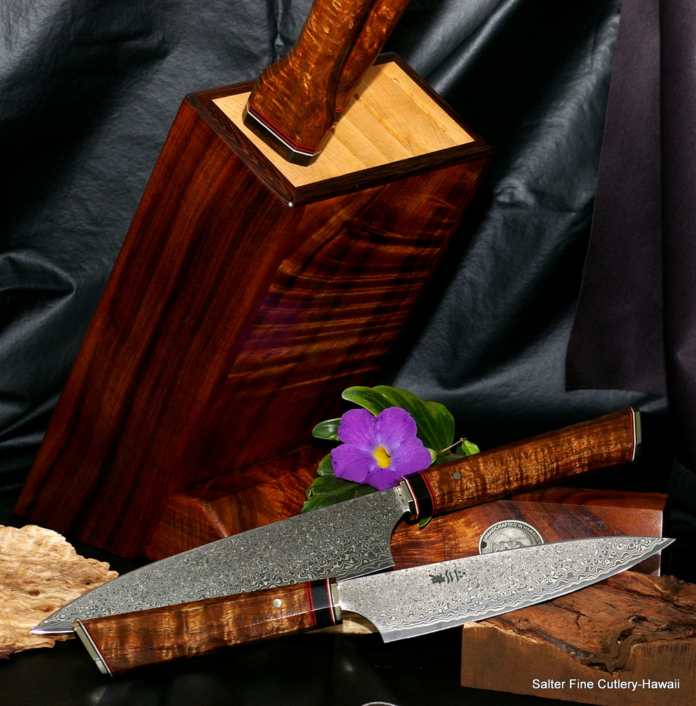 Chef knife set custom hand-forged kitchen knives in block stand by SalterFineCutlery of Hawaii