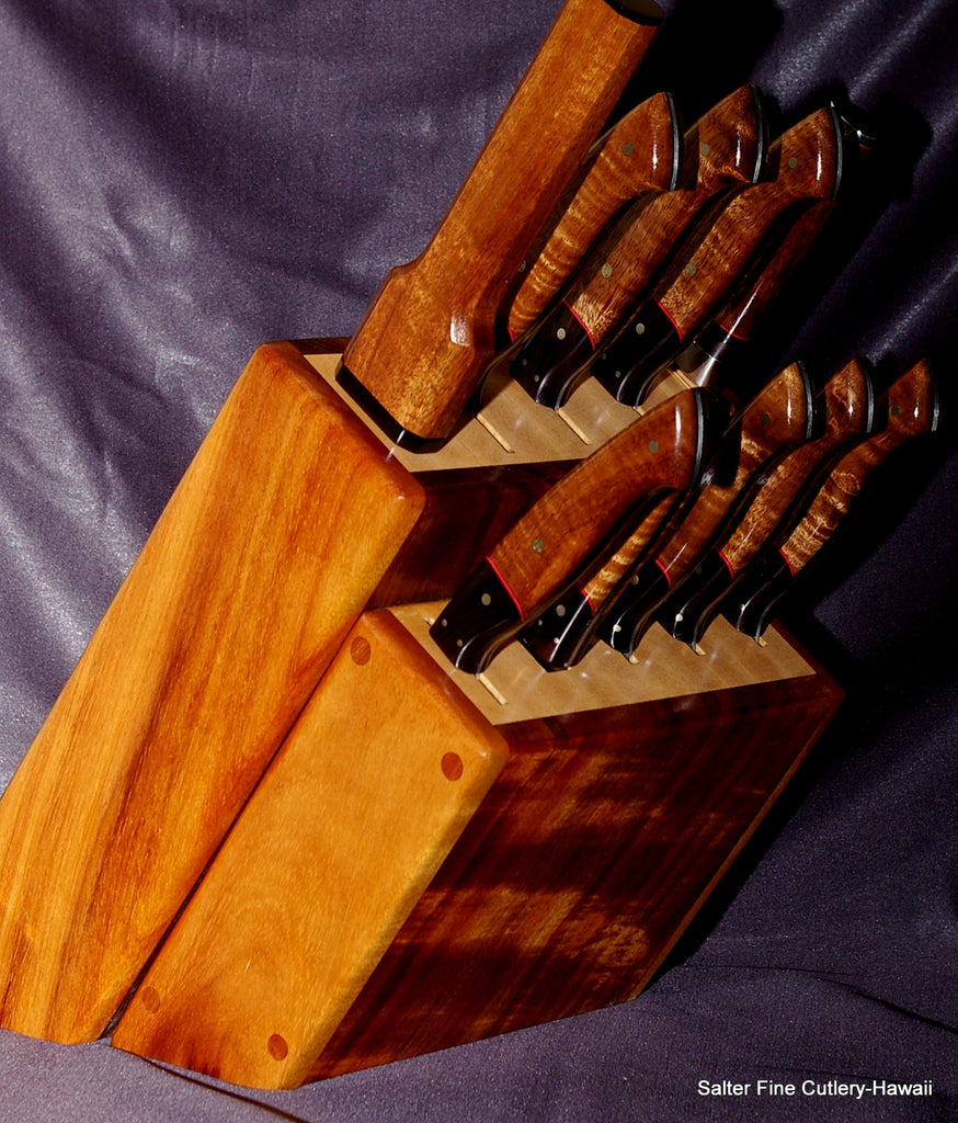 Custom large kitchen knife set in koa and maple block by SalterFineCutlery