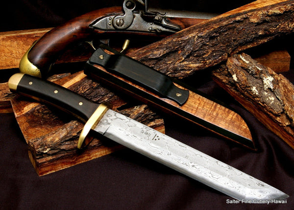 Collectible "The Hanshin" handforged shirogami damascus tanto with ebony and brass handle and custom handcrafted wood sheath by SalterFineCutlery