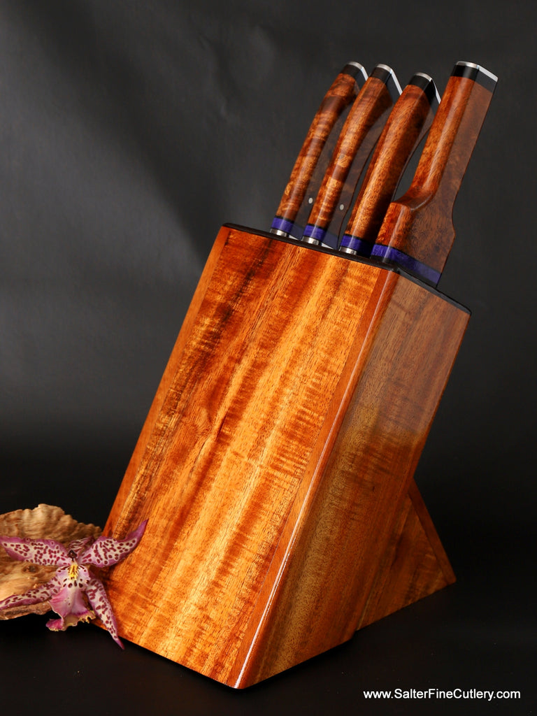 Custom modern styling plus colorful faux gemstone accents in this beautiful  kitchen knife set in knife block handcrafted by SalterFineCutlery