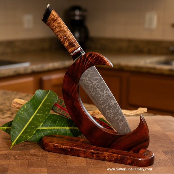 Collectible one of a kind chef knife in curly koa wood hook stand by SalterFineCutlery
