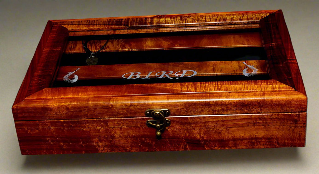 Medium two-tier custom display presentation box with engraved glass lid by SalterFineCutlery