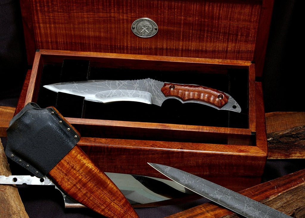 The Horsa Seax collectible tactical knife with unique wood and kydex scabbard and two-tier presentation box handcrafted by Salter Fine Cutlery and Kiku