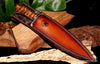 Hunting knife in custom belt sheath and beautiful koa wood handle handmade by SalterFineCutlery