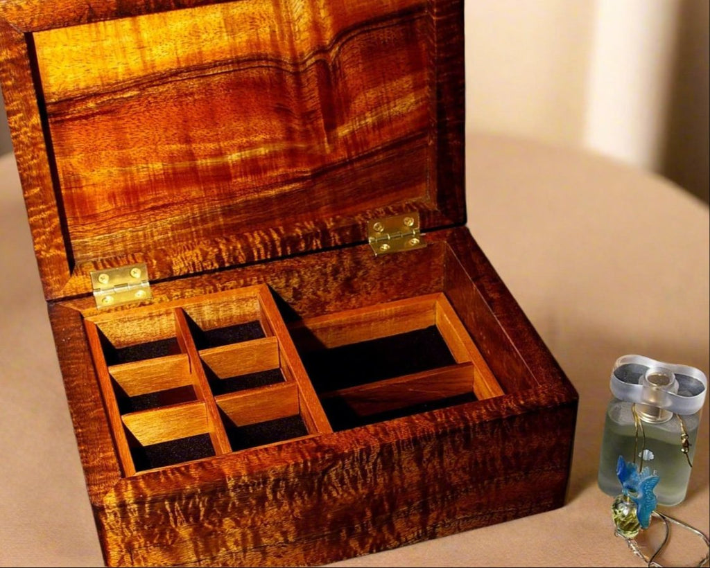 Ladies handcrafted jewelry box with rare old-growth Hawaiian koa wood by SalterFineCutlery custom woodworking