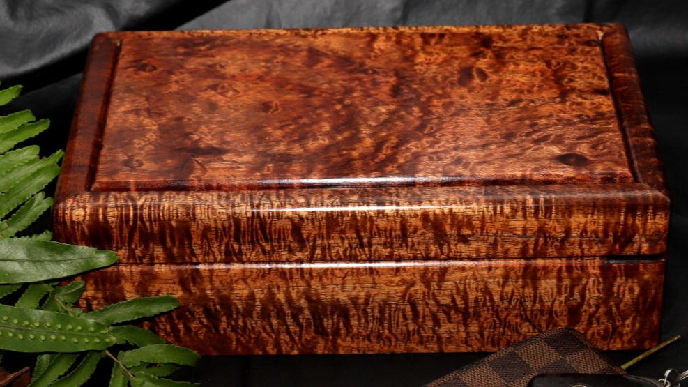 Mens medium night valet box closed 5A upgrade curly koa wood 11x7x4 handcrafted by SalterFineCutlery custom woodworking