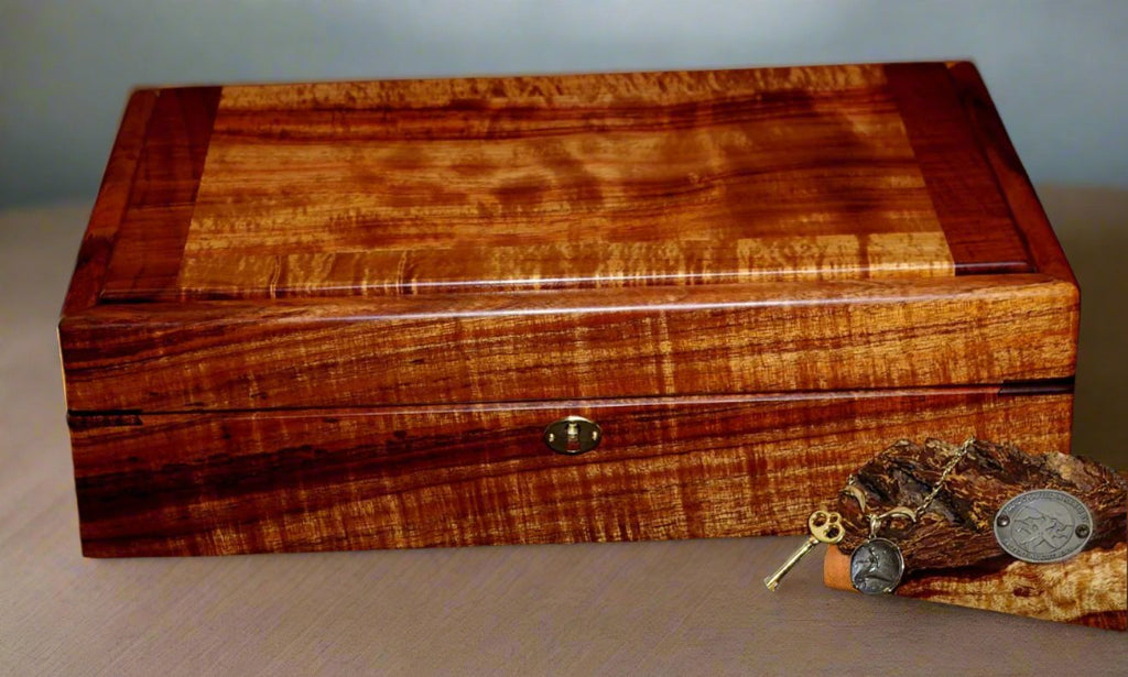 XXL Mens Jewelry box closed with keyed locking latch handcrafted from Hawaiian curly koa wood SalterFineCutlery custom woodworking