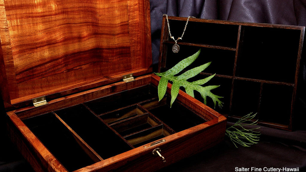 Jewelry box mens XXL open with dark pheasant wood trays handcrafted in Hawaii by SalterFineCutlery custom woodworking