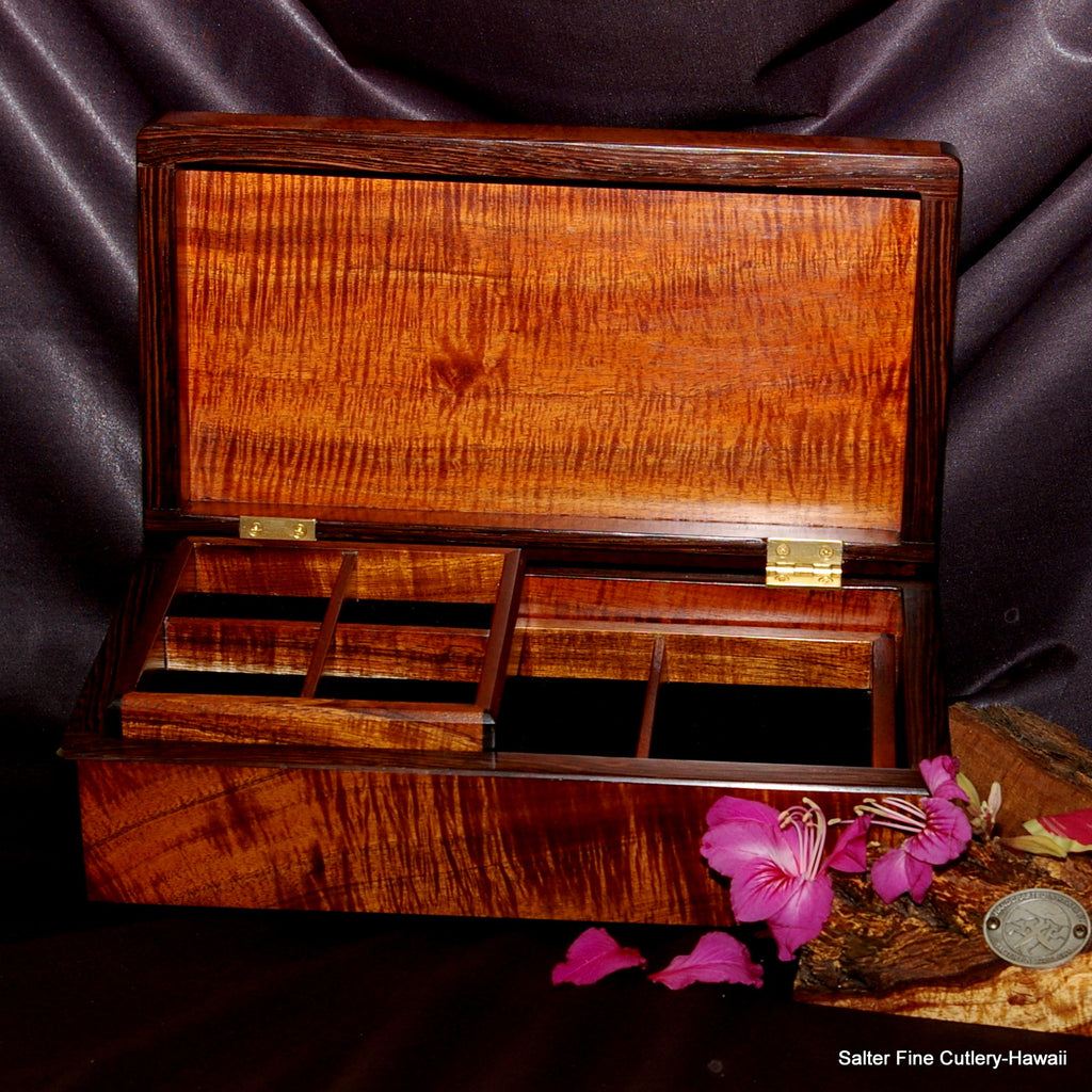 Mens 13x7x4 valet box with large removable lined sections Hawaiian koa wood custom  made-to-order by SalterFineCutlery 