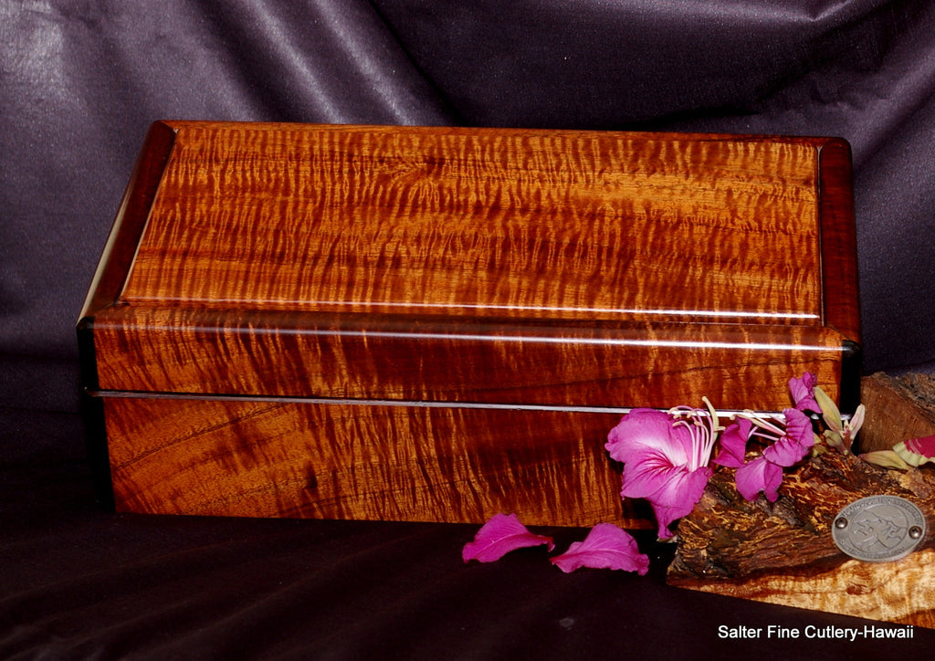 Custom made mans valet or jewelry box super curly Hawaiian koa wood handcrafted by SalterFineCutlery