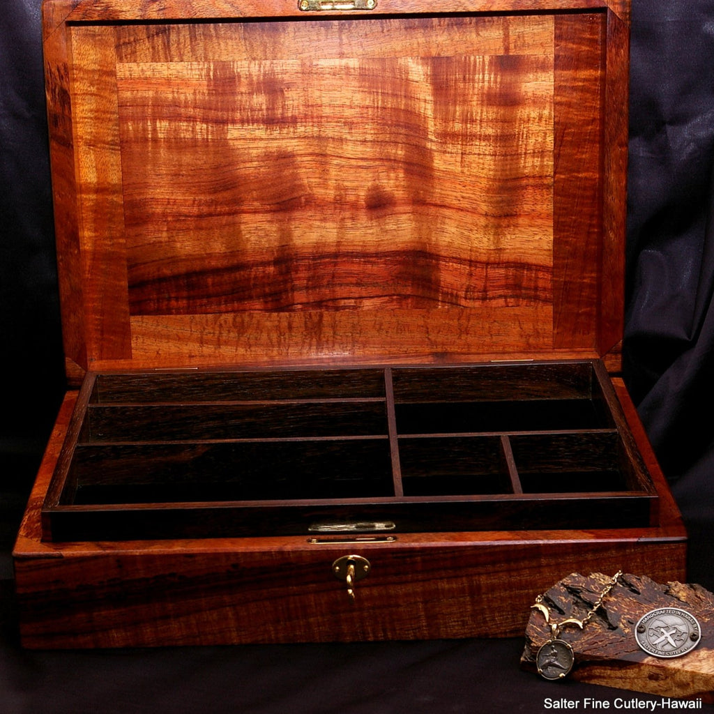 Jewelry and valet box XXL 17x12x4 inches handcrafted in Hawaii with 2 full-size removable trays by SalterFineCutlery custom made-to-order boxes