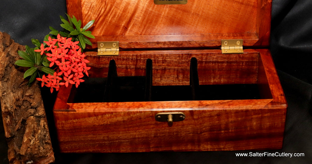 Mens medium jewelry box interior detail view handcrafted curly koa wood by SalterFineCutlery