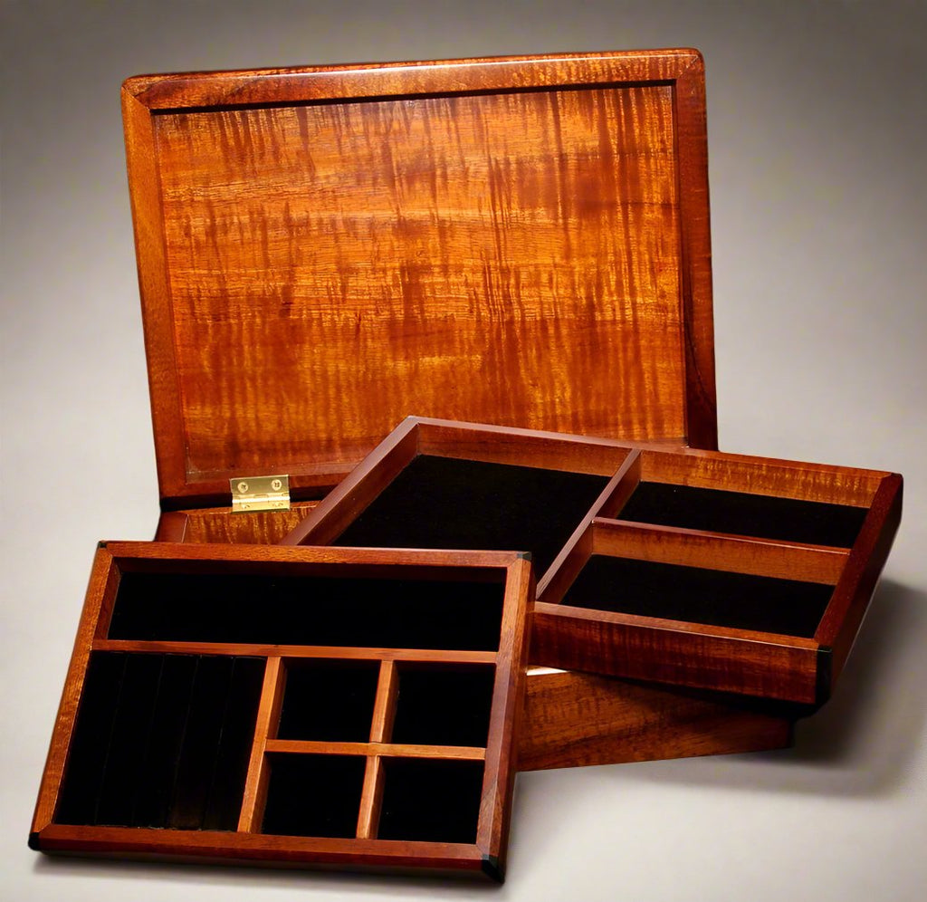 Handcrafted koa wood ladies jewelry box with two full removable trays to hold large jewelry SalterFineCutlery