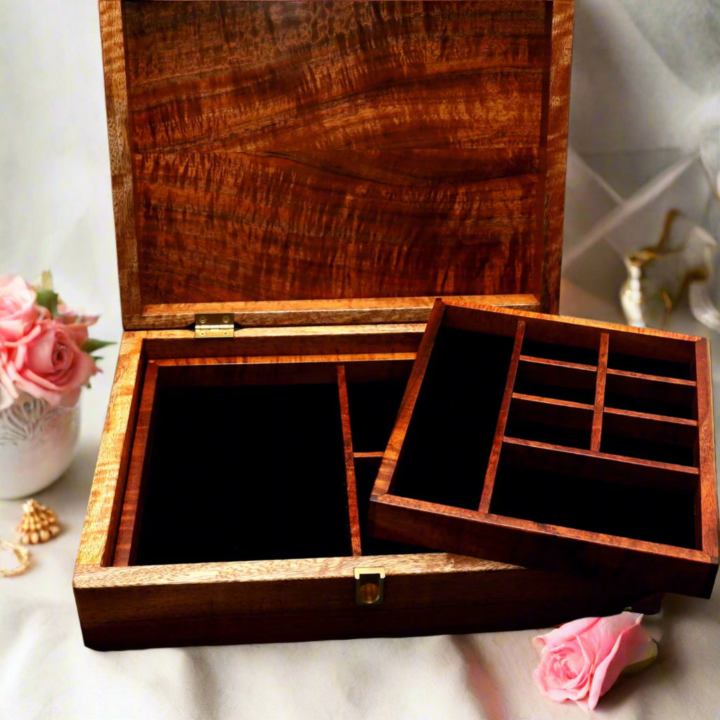 Ladies Jewelry box X with 2 removable trays Hawaiian curly koa wood handcrafted by SalterFineCutlery