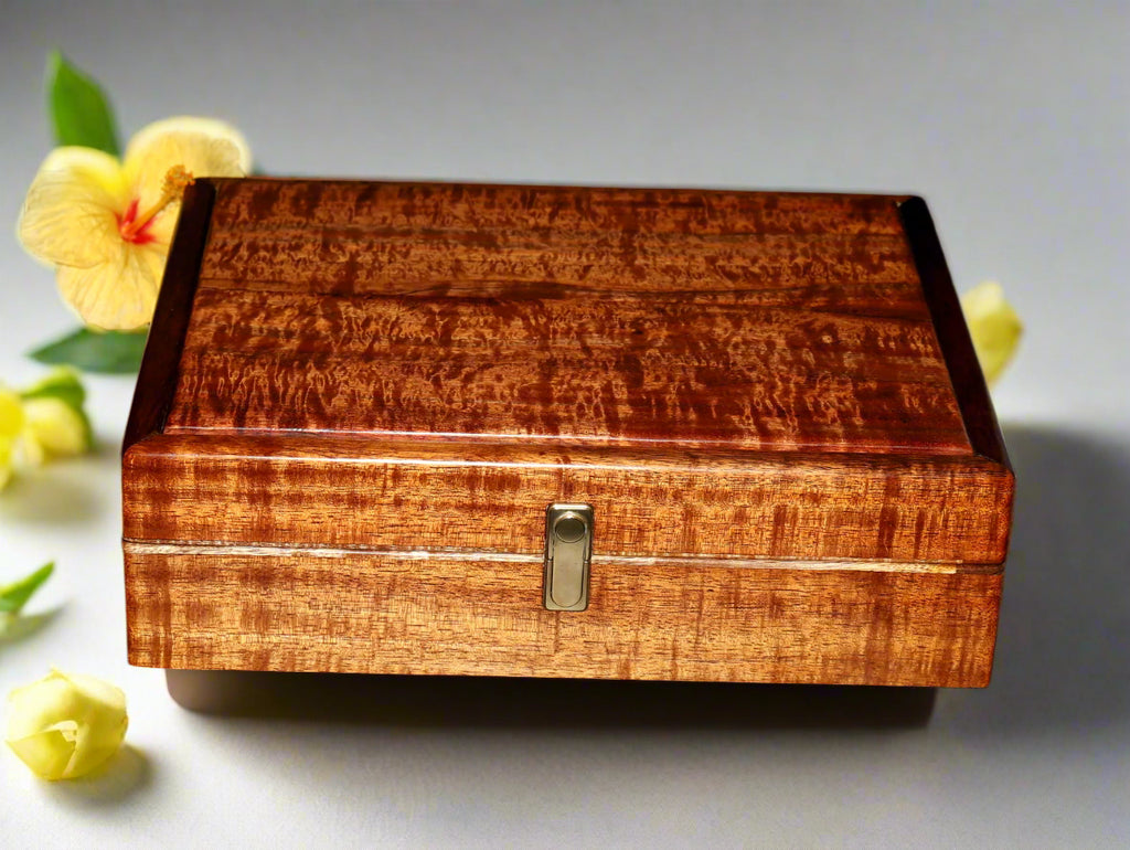 Jewelry box ladies golden curly koa wood with mango lid trim brass snap latch handcrafted by SalterFineCutlery