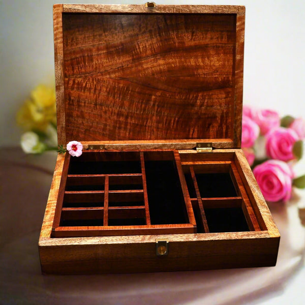Jewelry box ladies XL curly rare koa wood plus mango lid trim  14x11x4 inches handcrafted in Hawaii by SalterFineCutlery custom woodworking