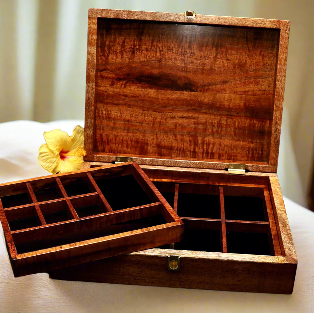 Jewelry box ladies XL 2-tier sliding partial top tray 15x11x4 inch handcrafted curly koa wood by SalterFineCutlery custom woodworking of Hawaii