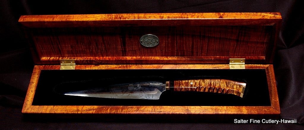 Collectible chef knife with mirror polish blade and rare wood handle in matching presentation box by SalterFineCutlery and Kiku