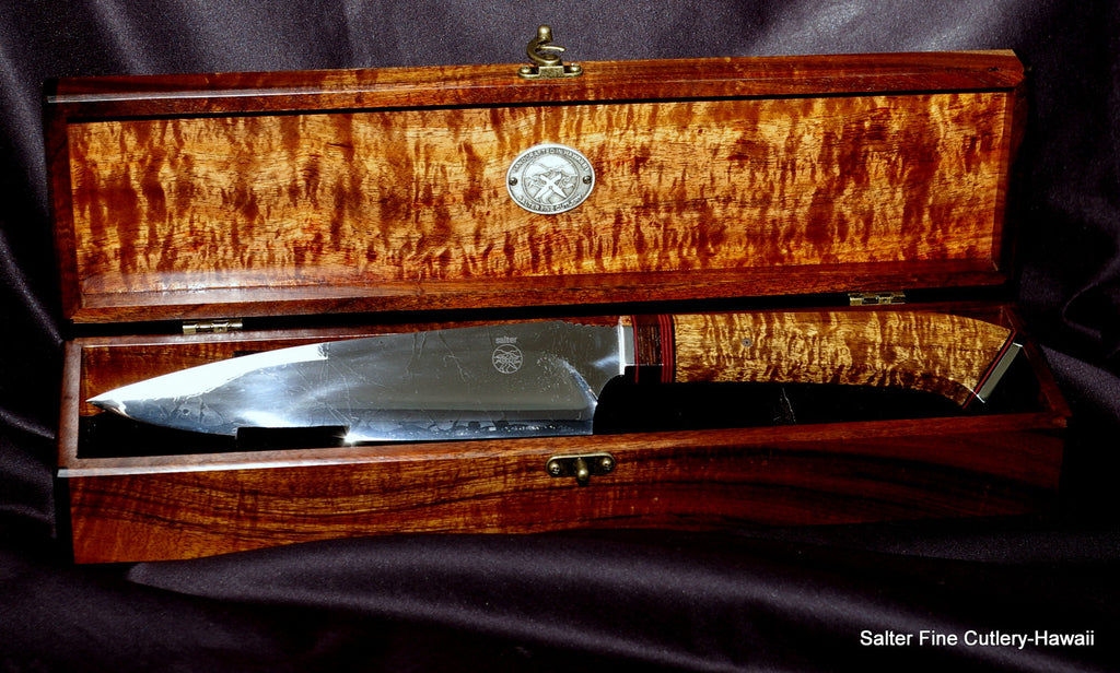 Limited edition collectible combat chef knife in keepsake box with red and black decorative accents by Salter Fine Cutlery and Kiku 