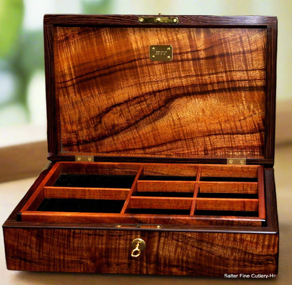 Men's deluxe jewelry box handcrafted Hawaiian curly koa wood by SalterFineCutlery