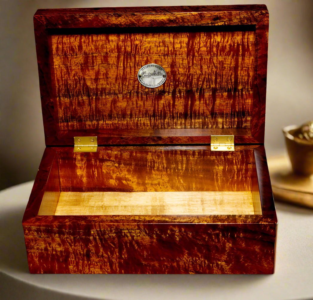 Small presentation box of premium curly Hawaiian koa wood handcrafted by SalterfFineCutlery and custom woodworking