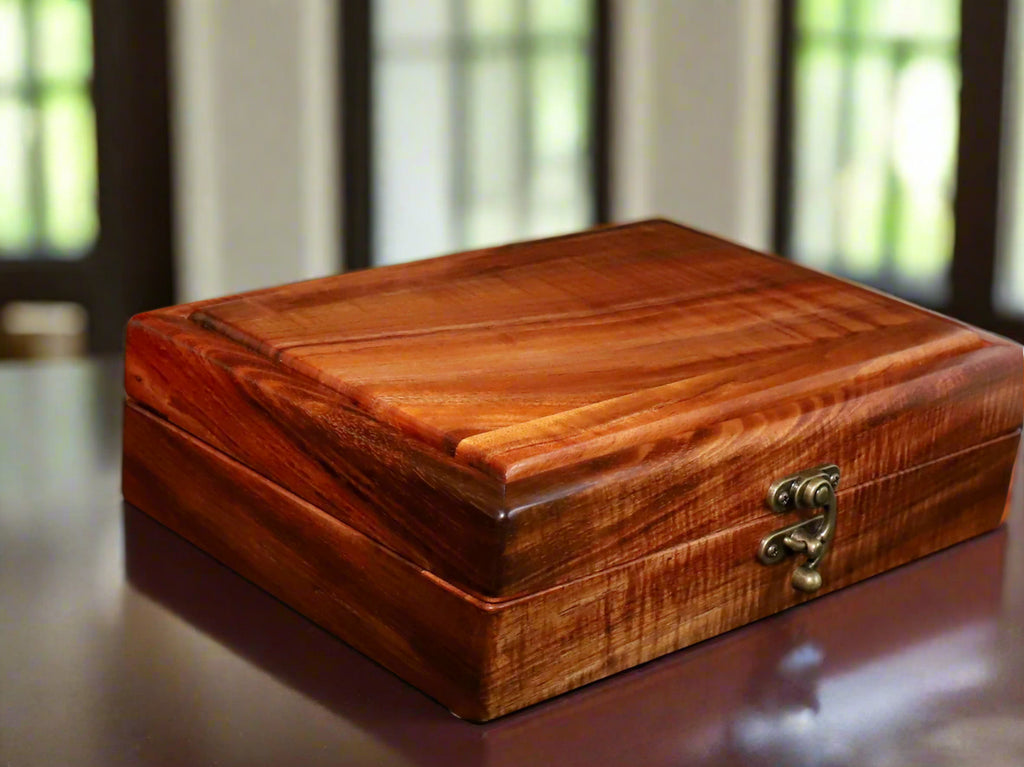 Handcrafted curly Hawaiian koa wood presentation box by SalterFineCutlery and Woodworking of Hawaii