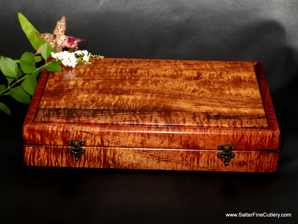Presentation box for 5-piece chef knife set by SalterFineCutlery exquisite curly koa wood boxes and cutlery