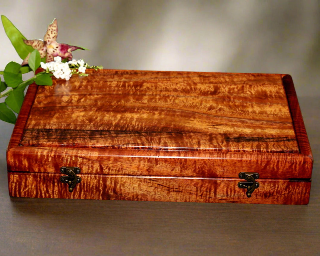 Presentation box for 5-piece chef knife set by SalterFineCutlery exquisite curly koa wood boxes and cutlery