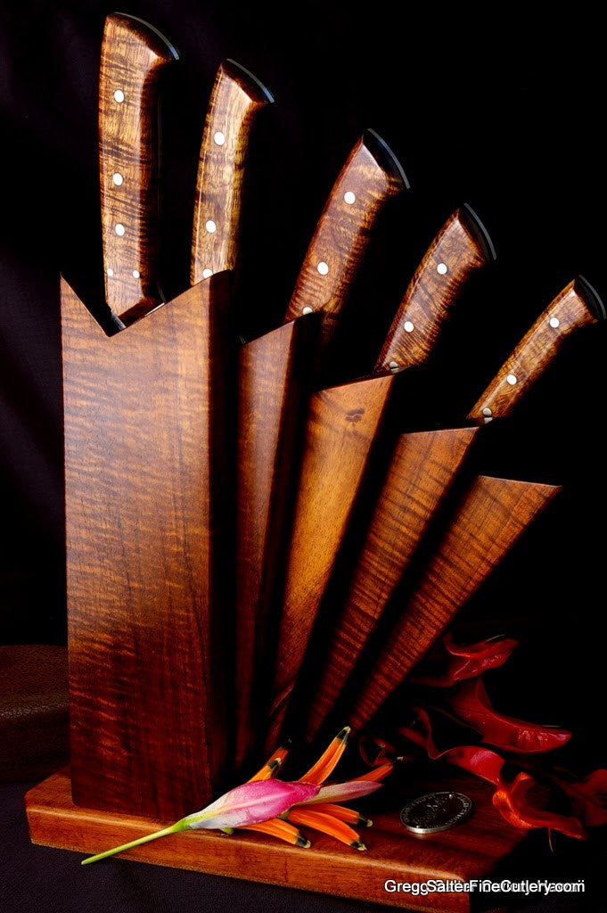 Custom chef knife set in original fan stand designed by SalterFineCutlery