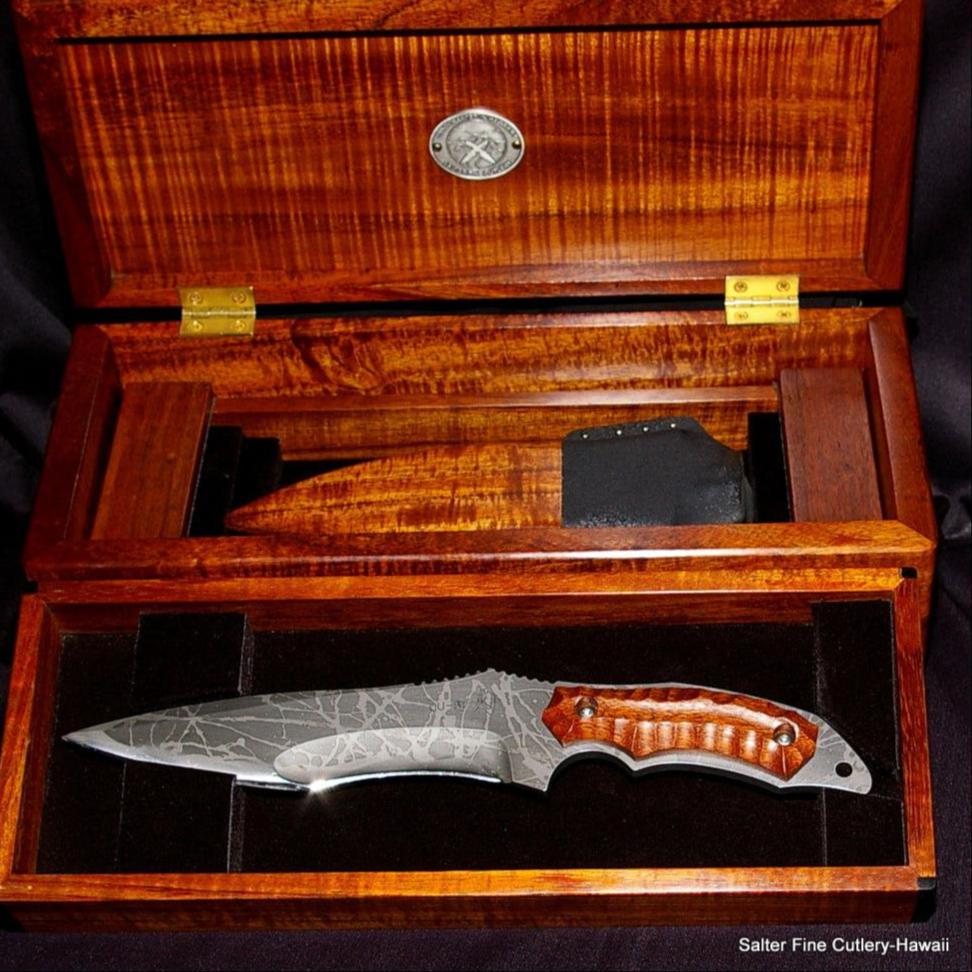 The Horsa Seax Collectible Tactical knife with handcrafted 2 tier presentation box by Gregg Salter and Kiku Matsuda collaboration