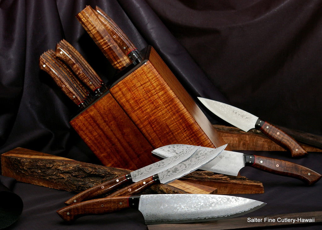 Custom chef and steak knife set in block handcrafted by SalterFineCutlery handcrafted luxury kitchen decor
