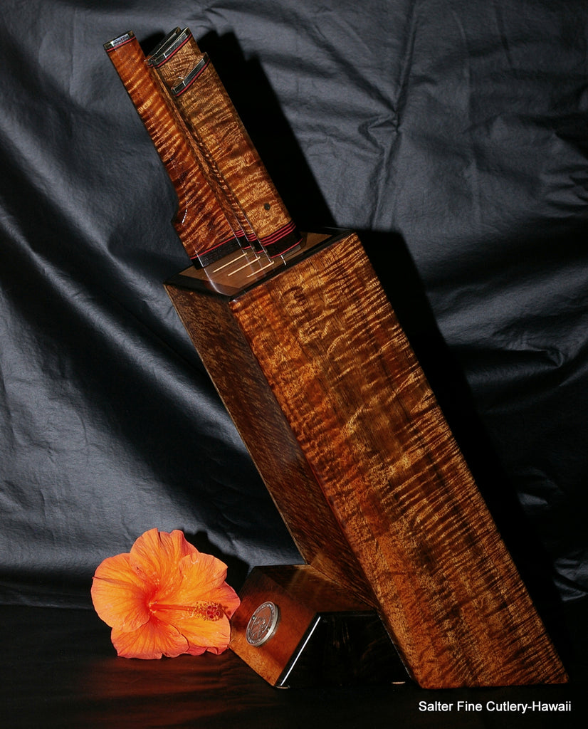 Kitchen knife set with stand artisan made by Gregg Salter rare super curly koa wood from SalterFineCutlery