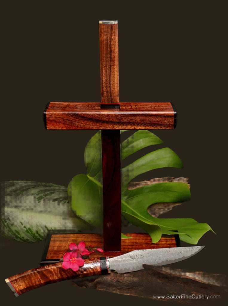 Exclusive Salter Design knife stand with integrated sharpening rod from SalterFineCutlery of Hawaii